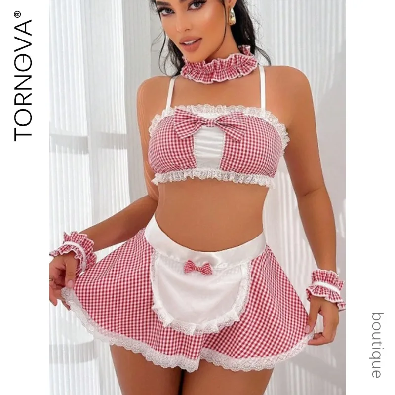 

Tornova Sexy Maid Costume Cosplay Party Costume Bow Knot Decor Contrast Color Patchwork Women Interesting Romantic Underwear Set