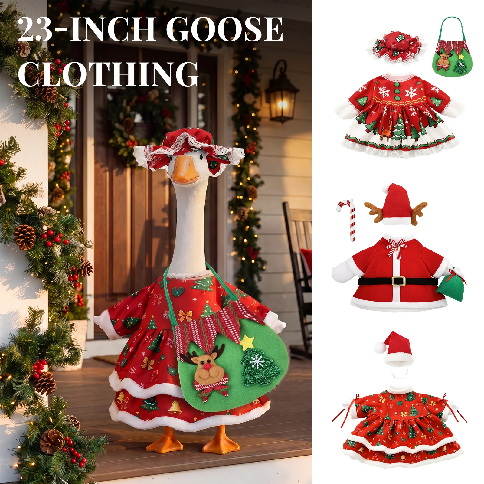 23'' Christmas Themed Porch Goose Outfits Decorative Festive Yard Goose Statue Christmas Costume Classic Red White Goose Apparel