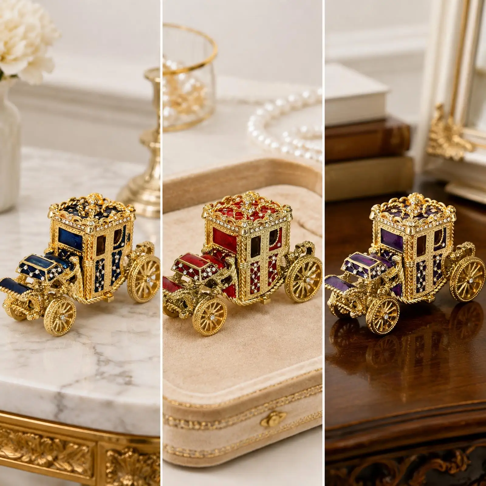 Classic Carriage Trinket Box with Rhinestone Embellishments Metal Jewelry Holder for Delicate Earrings