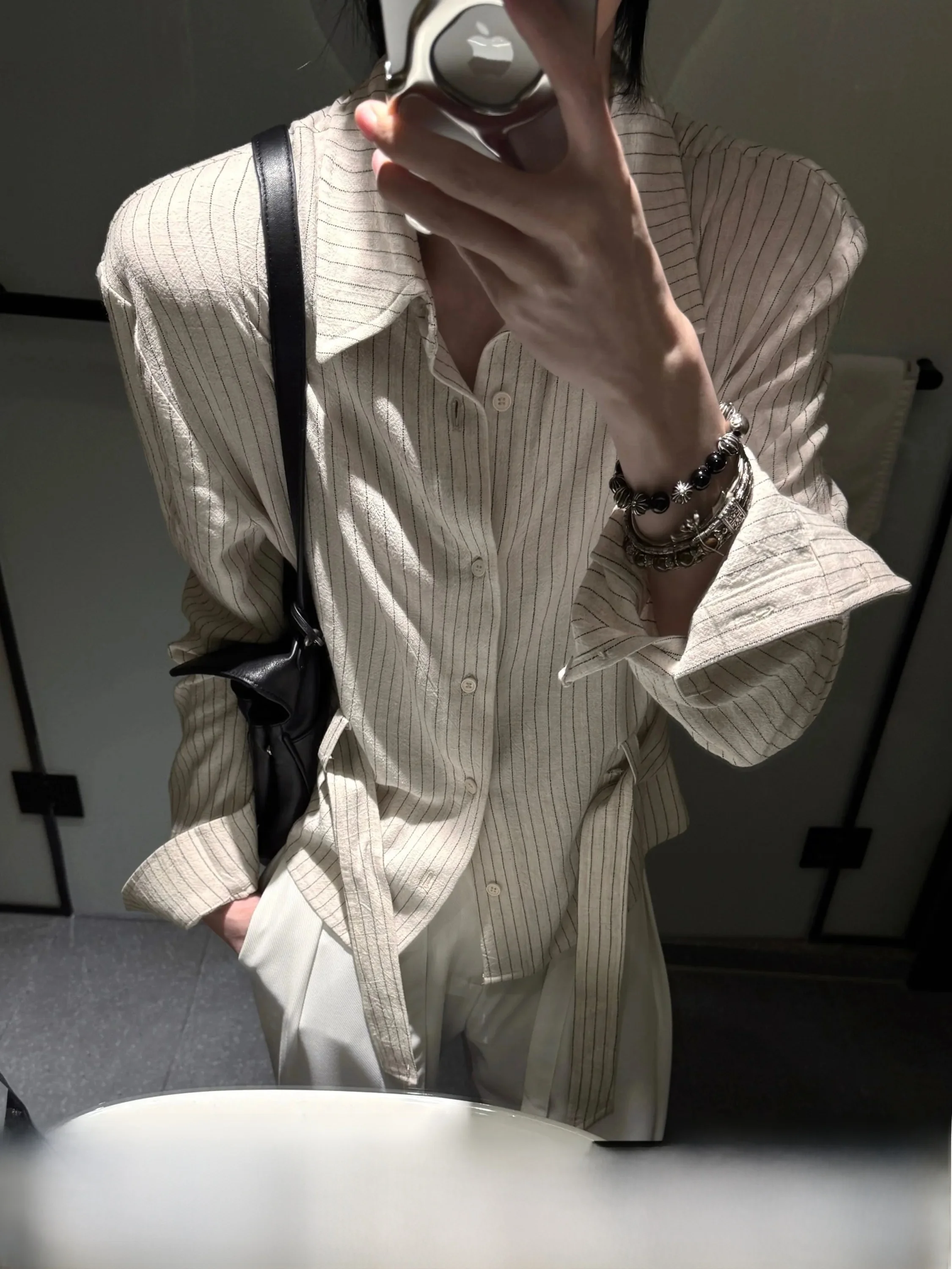 Elegant Slim Fit Linen Shirt Men's Short Top with Tie Bow Stripe Pattern Anti-Wrinkle Long Sleeve Business Casual Shirt