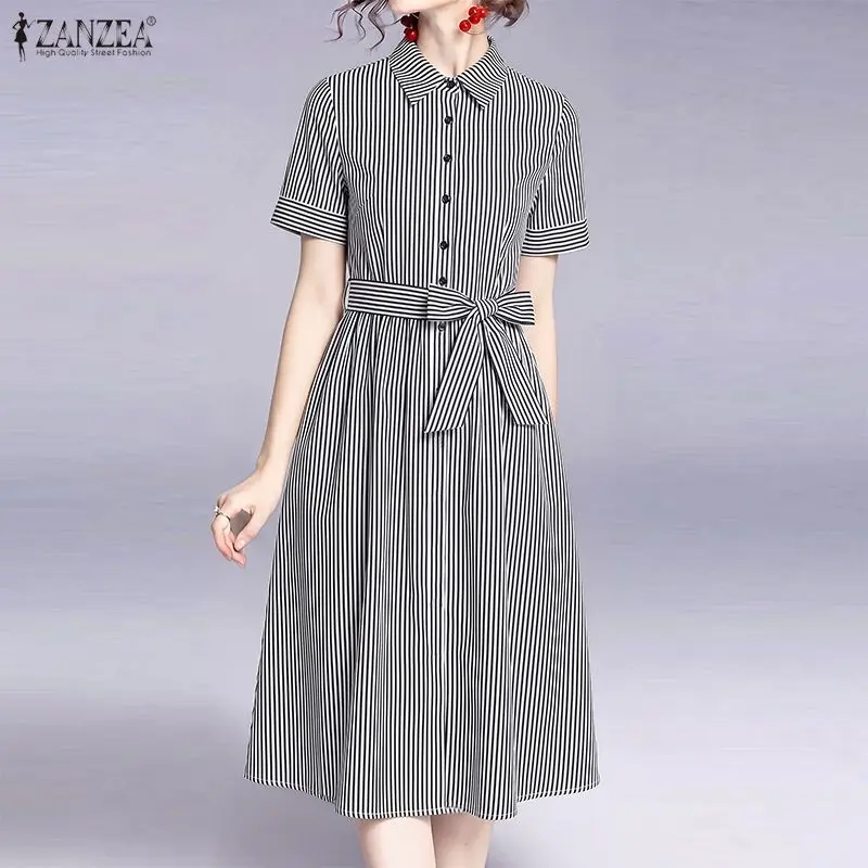 Elegantes ZANZEA Damenkleid, knielang, OL, gestreift, Sommerkleid mit kurzen Ärmeln, Umlegekragen, Vestidos, Gürtel, Sommerkleid, Streetwear