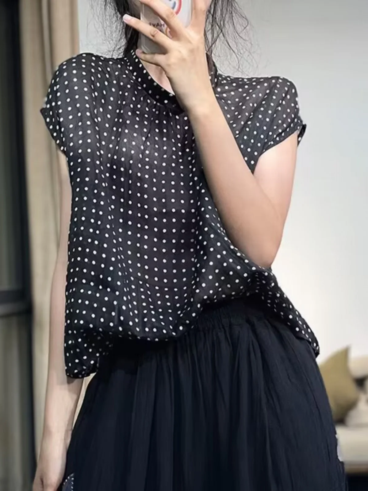

Lightweight Cotton Linen irt Women's Loose Polka Dot Print Blouse Anti-Aging Retro Sle round Ne ort Sve irt