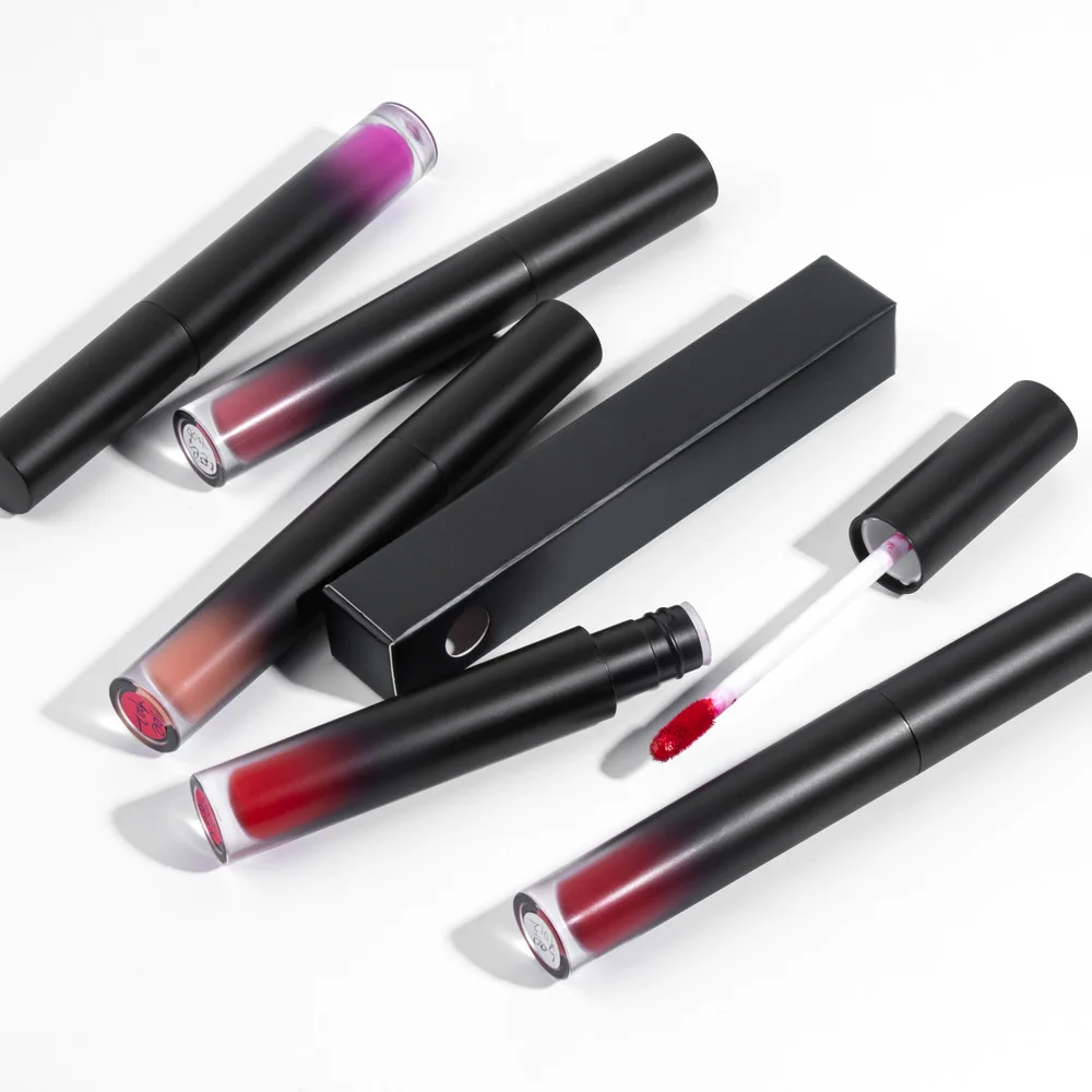 Matte Liquid Lipstick Make Your Own logo Makeup Red Brown Nude White Black Color Lipsticks Waterproof Black Tube Wholesale 10pcs