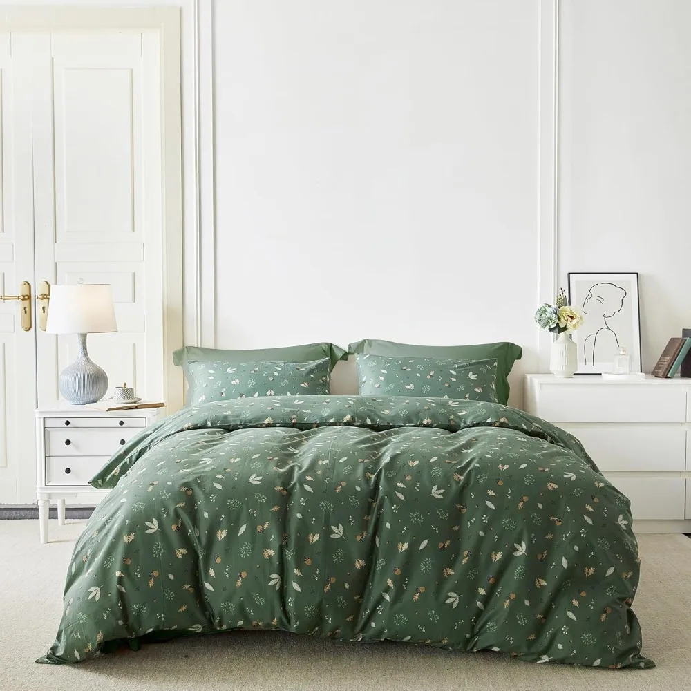 

King Size Dark Green Cotton Botanical Duvet Cover Set with Sage Plant Floral Pattern and Zipper Closure