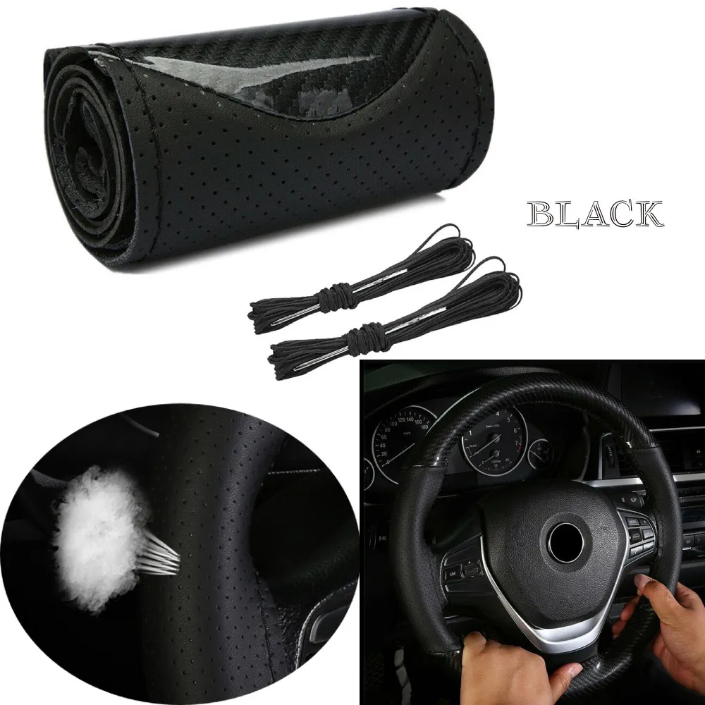 

Black Car Steering Wheel Cover 15 DIY Carbon Leather Custom Fit with Hand Stitching Option for Unique Car Decor
