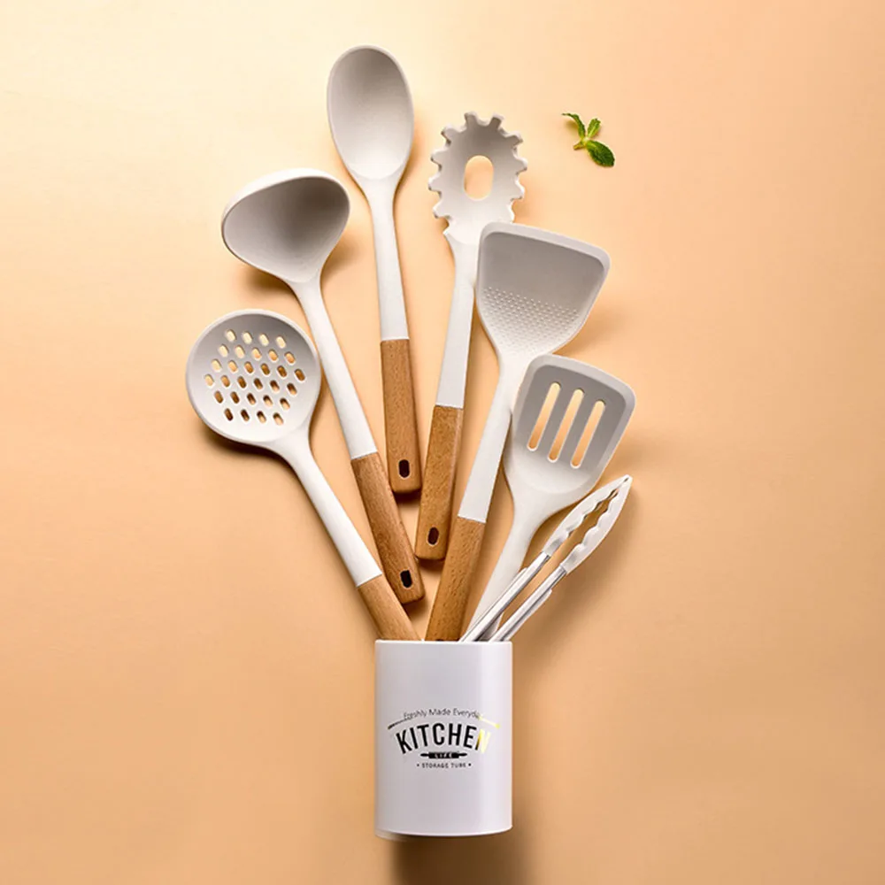 White Silicone Kitchenware Non-stick Cooking Utensils Set Cookware Spatula Spoon Shovel Wooden Handle Kitchen Tool Set