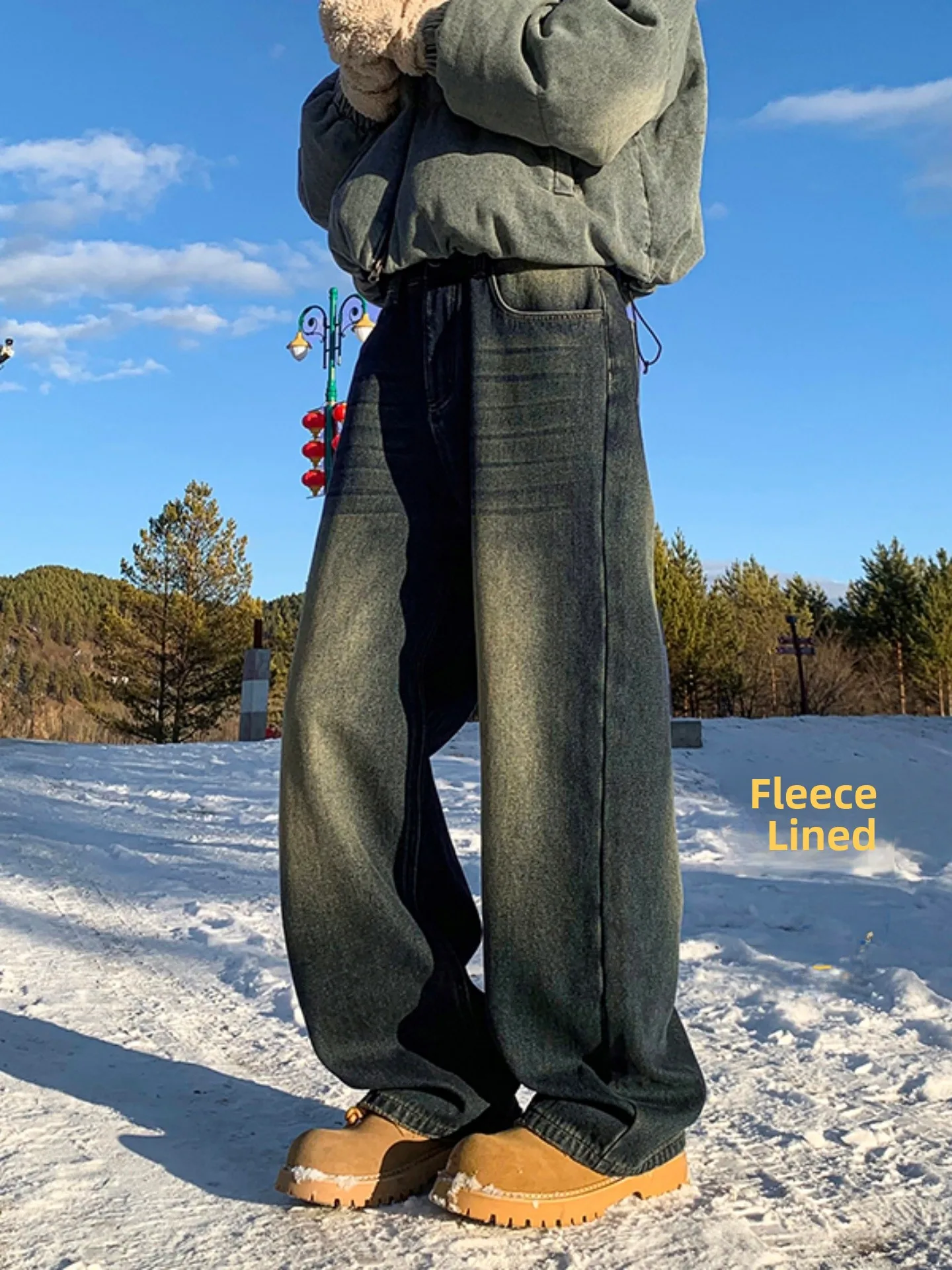 

Waed Fce Lined Men's Denim Jeans Thiened American Sle High Street Loose Wide Leg Knife Pants Winter Casual Trousers