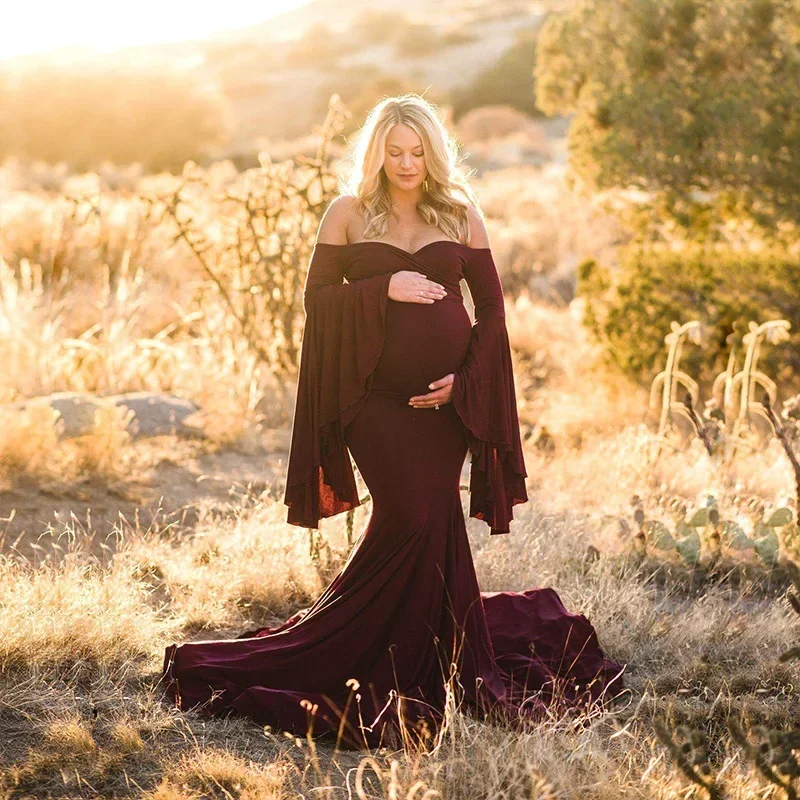 Maternity Photography Props Maternity Gown Photo Shoot Sexy Boho Shoulderless Bell Sleeves Maxi Long Dress Pregnancy Mermaid