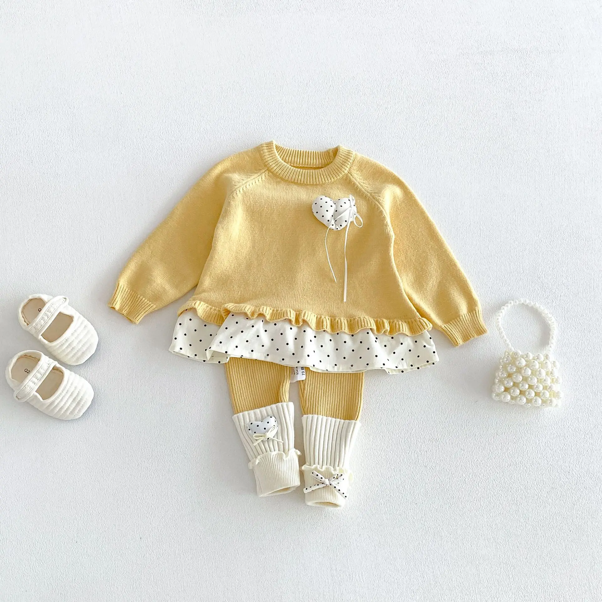 conjunto-de-ropa-de-manga-larga-para-bebe-otono-2026-blusa-de-punto-con-corazones-y-puntos-para-ninas-leggings-traje-de-2-piezas-ropa-de-algodon-para-ninos-pequenos