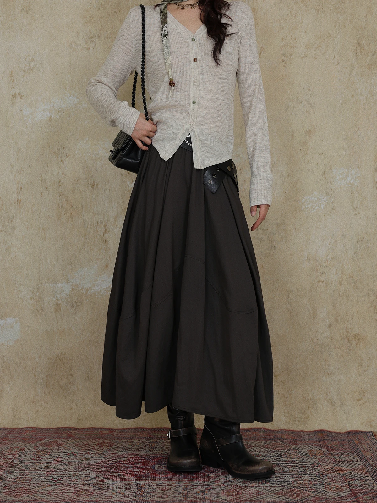 

Юбка-трапеция DR Long A-Line с высокой талией, дизайнерская, с эффектом драпировки, индивидуальная окраска, коричневая, фасон «фонарь», весенняя коллекция