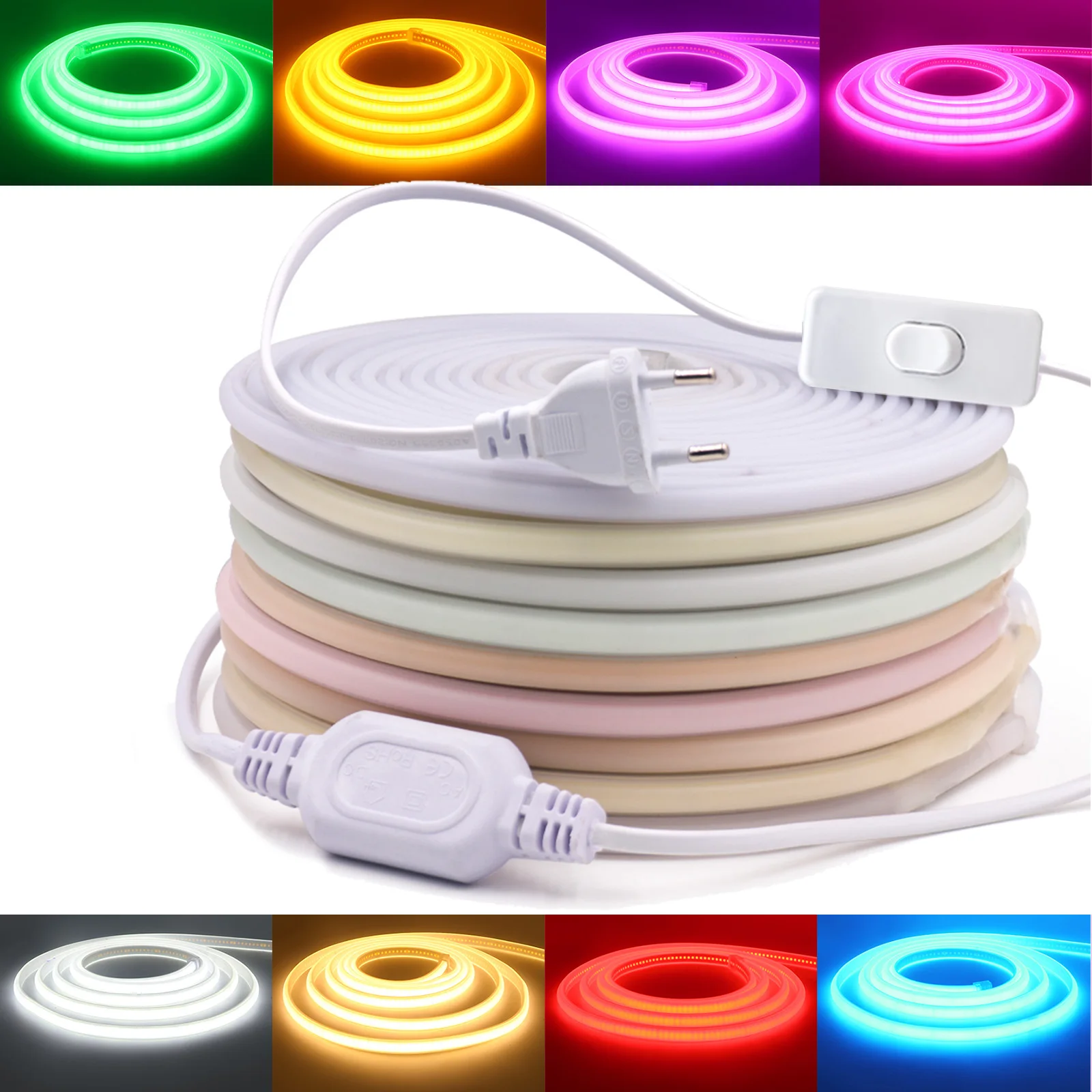 

COB Neon Light AC 220V Red//Green/Ice Blue/Pink/Yellow/Purple/White Waterproof Garden Home Decor 1M-100M Flex Ribbon LED Strip