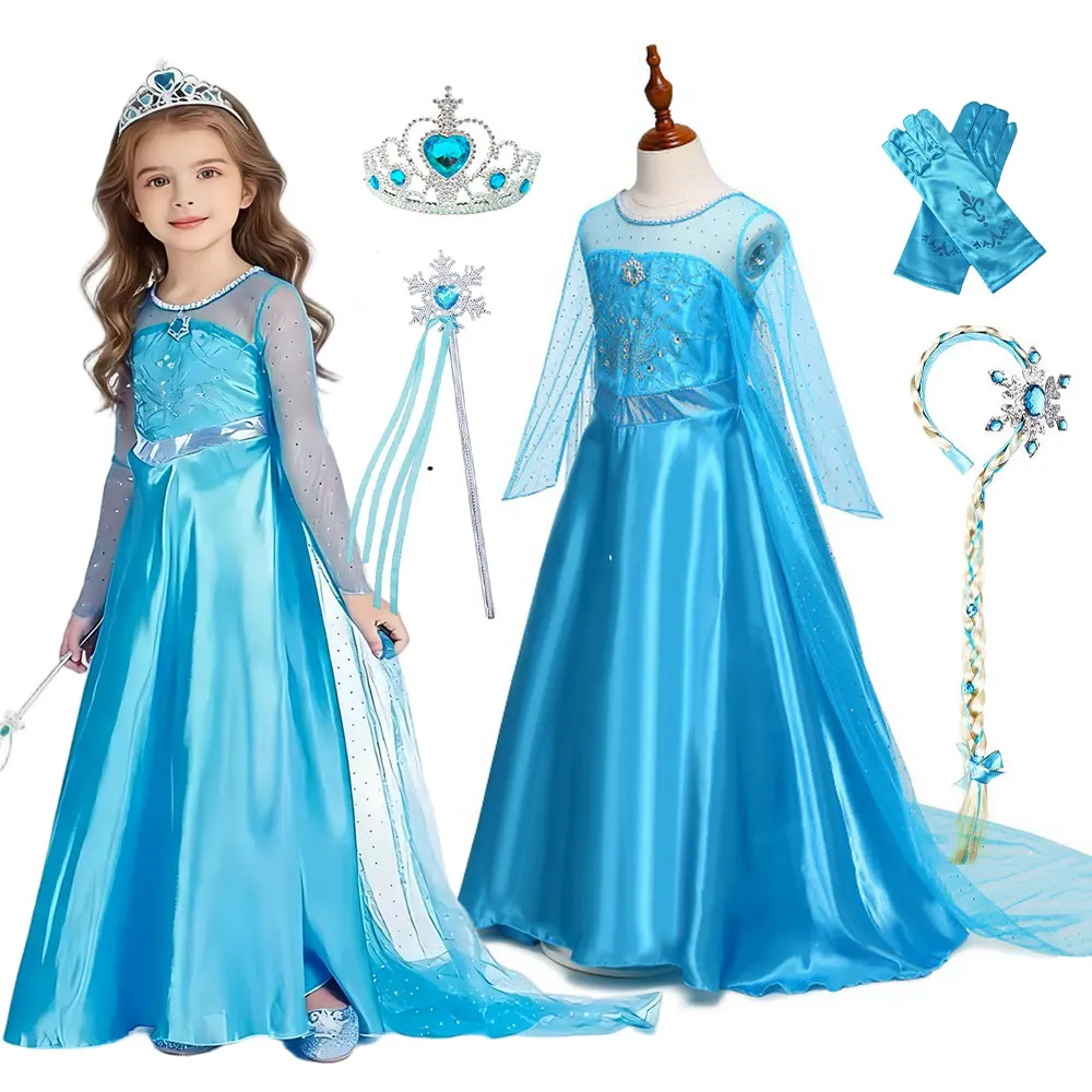 3-10 Yrs Girls Ice Power Princess Dress Blue Tulle Long Sleeve Train Ball Gown Kids Halloween Snow Queen Role Play Elsa Costume