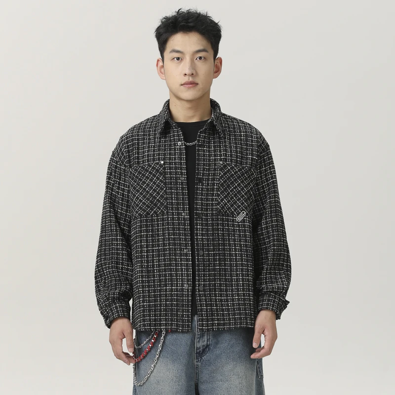 Men French Vintage Plaid Fashion Clip Embroidery Loose Casual Long Sleeve Shirts Cityboy Japanese Korean Streetwear Shirt Coat