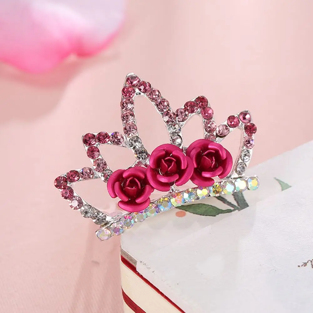 Mini Cute Rose Flower Crystal Rhinestone Princess Crown Hair Comb Birthday Party Tiaras For Girls Kids Hair Jewelry Accessories