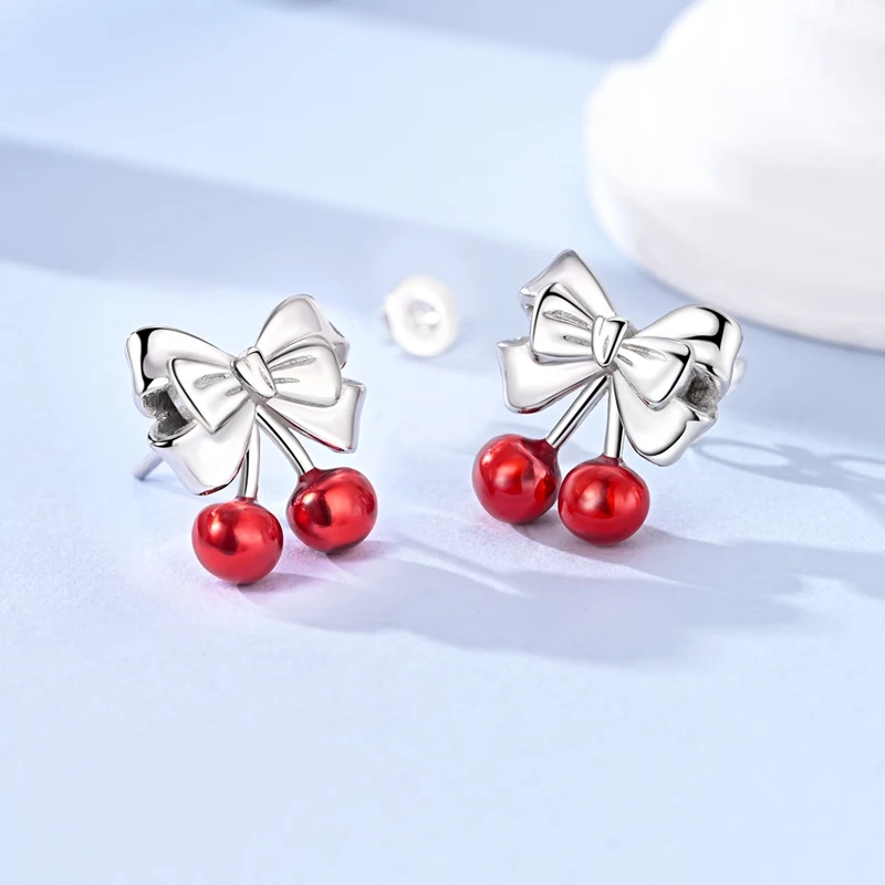 

925 Sterling Silver Earrings Women Sparkling Bow Shaped Cherry Stud Earring For Anniversary Wedding Jewelry Gifts