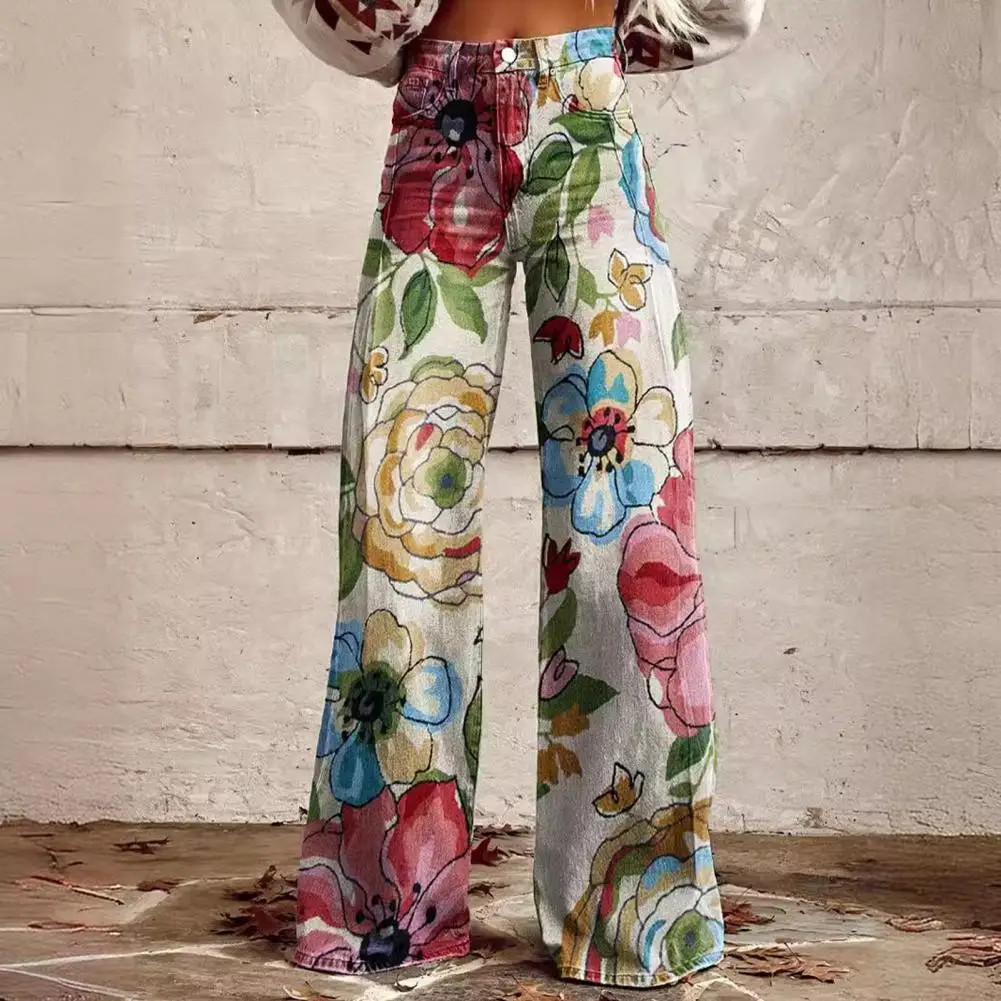 Loose Fit Pants Digital Floral Print Wide Leg Pants with Pockets for Women Retro Mid-rise Button Zipper Fly Trousers Streetwear