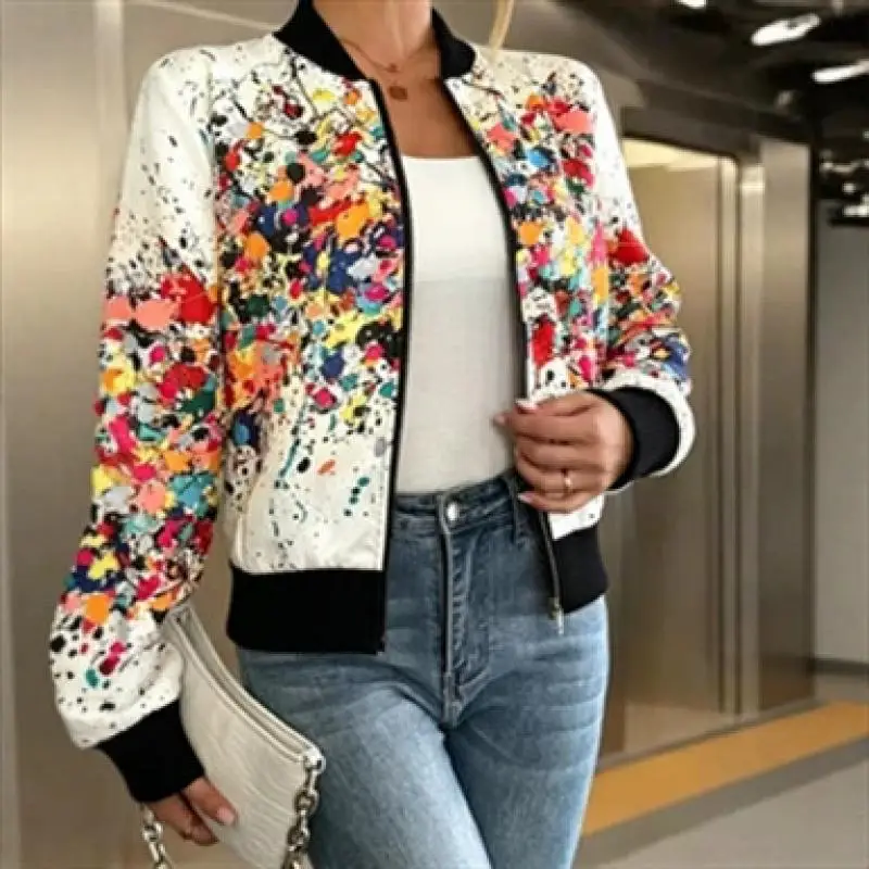 Women's Vintage Graphic Print Bomber Jacket  Colorful Paint Splatter Zip Up Baseball Coat Casual Streetwear Outerwear