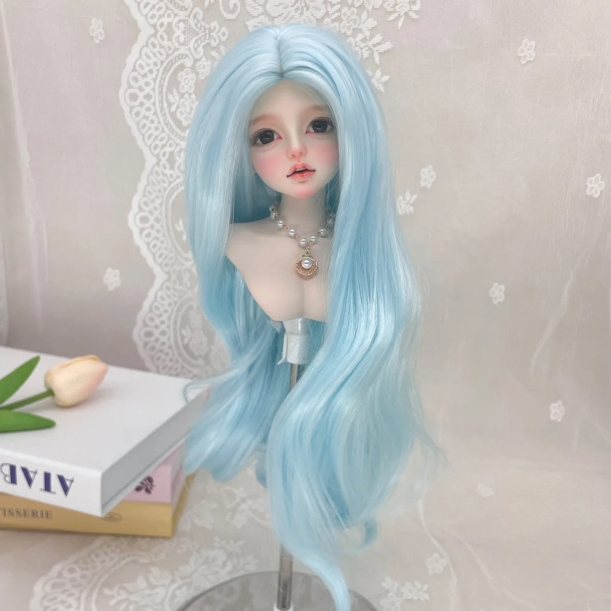 Pastel Sky Blue Long Curly Doll Hair Wig, Cosplay Style Replacement Wig for 1/3 1/4 1/6 Bjd Ball Jointed Doll