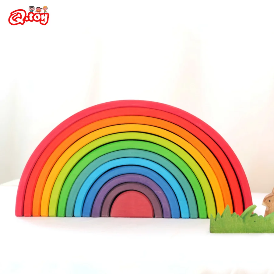 

12pcs Montessori Wooden Building Blocks Rainbow Arch Bridge Stacking Game Learning Education Toys for Kid Color Cognition Blocks