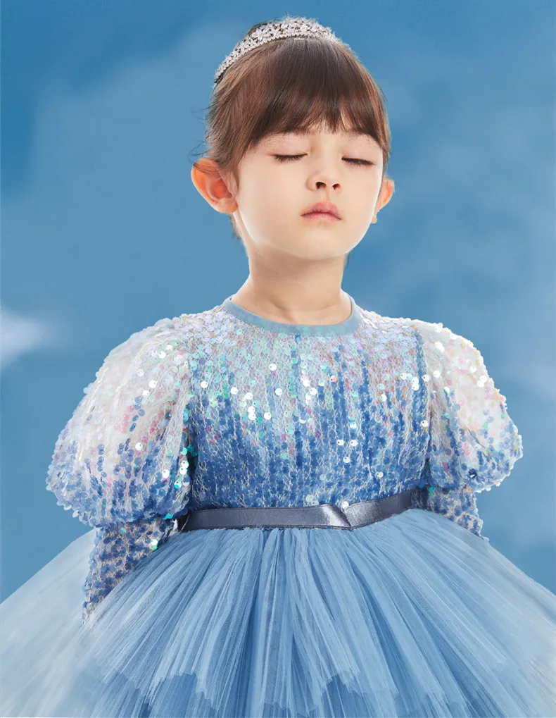 2023 Hof Stil Abendkleid für Baby Mädchen Kinder blau Pailletten geschichteten Kleider Säugling Prinzessin Karneval Festzug