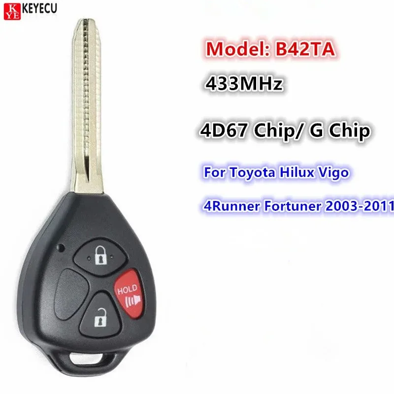 KEYECU 3 Buttons B42TA 433MHz 4D67/G Chip For Toyota Hilux Vigo 4Runner Fortuner 2003 2004 2005 2006 2007-2011 Head Key Remote