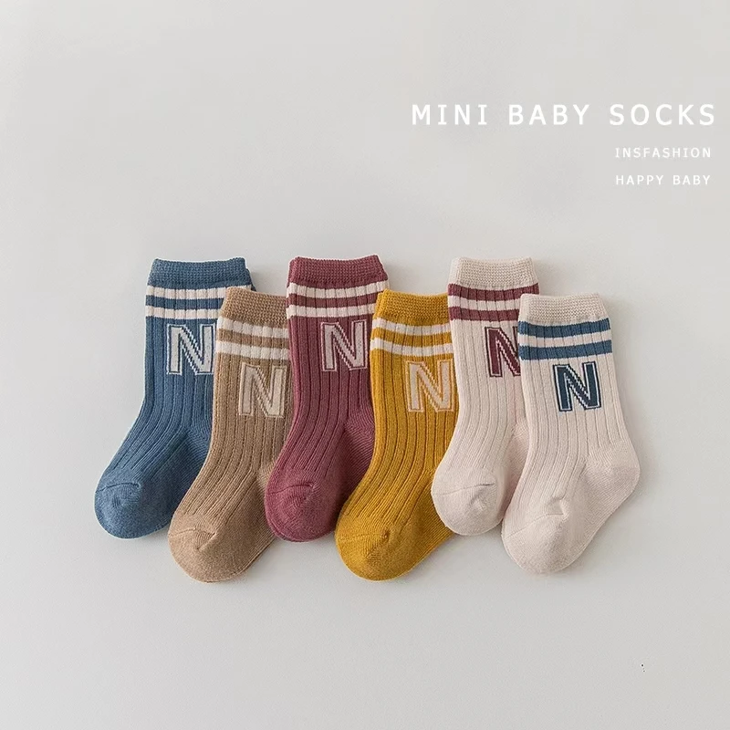 

3 Pairs Baby Knit Soft Cotton Letter Socks Kids Long Knee High Socks Infant Toddler Newborn Boys Girls Cute Stripe Socks