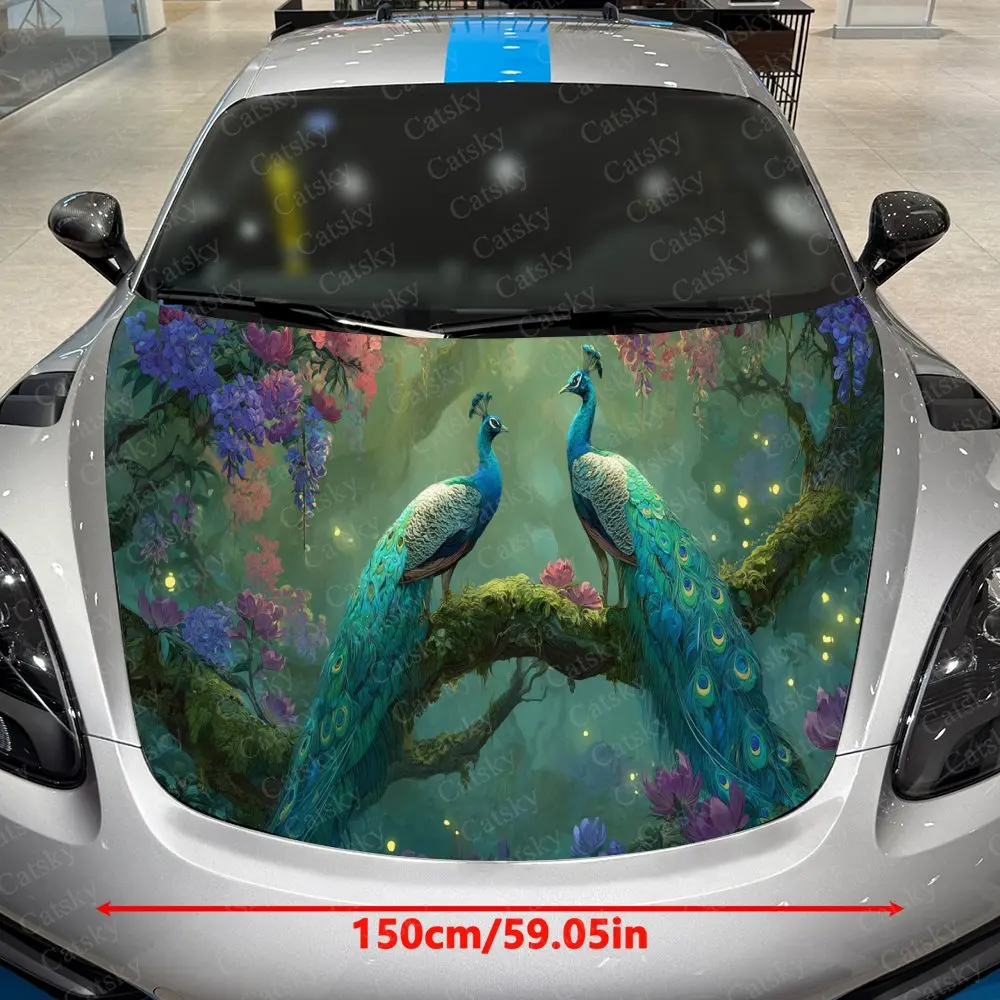 Turquoise Peacocks on Colorful Branches Car Vinyl Wrap, PVC Waterproof Car Hood Sticker, Self-Adhesive Scratch-Resistant Sticker