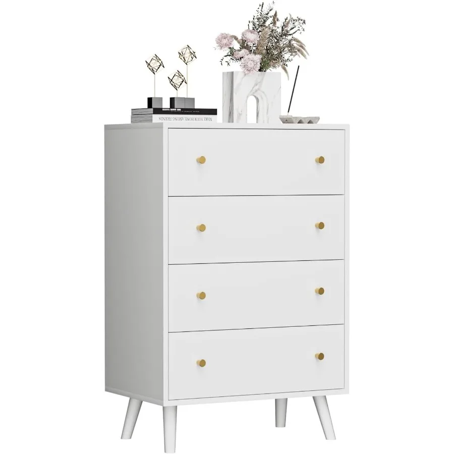 خزانة ملابس بيضاء حديثة بمقابض ذهبية لغرفة النوم، خزانة ذات أدراج ذات 4 أدراج مثالية لتخزين غرفة النوم وتنظيم أنيق #6