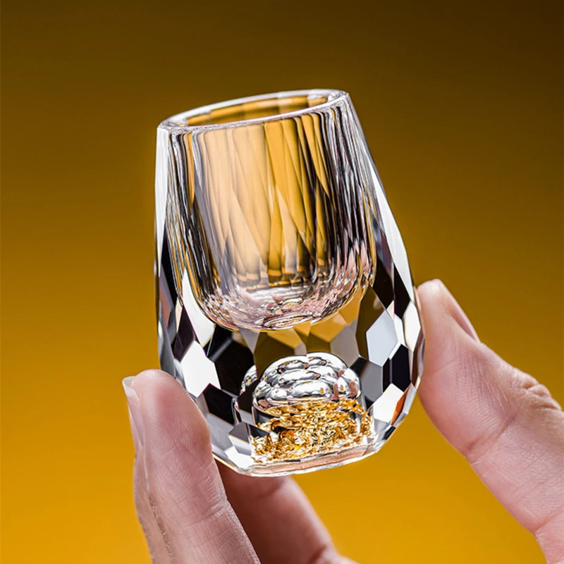 Diamond Cut Shiny Crystal Gold Foil Shot Glass Turquoise Liquor Vodka Wine Glasses Golden Mountain Baijiu Cup Sake Spirit Goblet