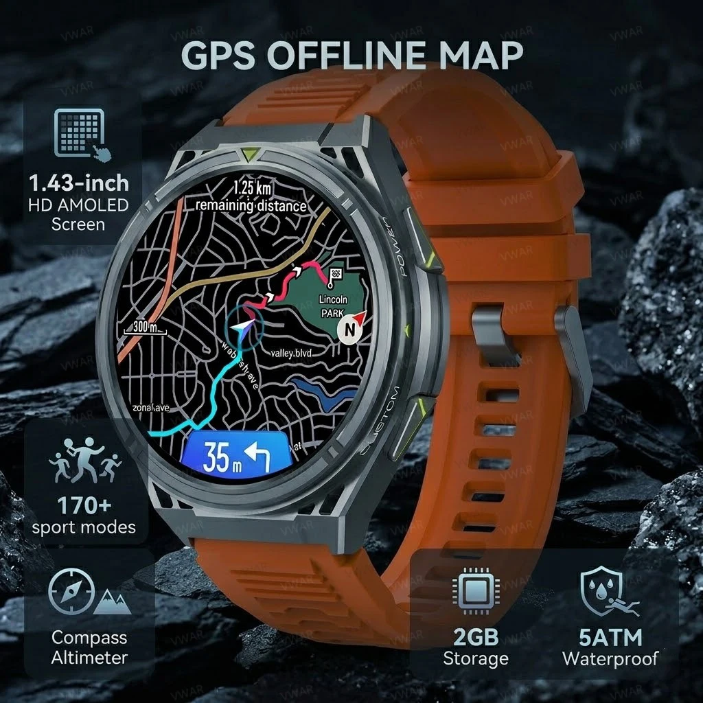 VWAR Tank X2 Pro Smart Watch Dual Band GPS Offline Maps 2GB Storage Local Music Military Smartwatch for Men 10ATM Waterproof