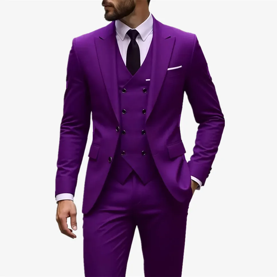 

Elegant 3-Piece Slim Fit Men's Suit Double Breasted Blazer Vest Pants Set for Wedding Groom Tuxedo Business Party