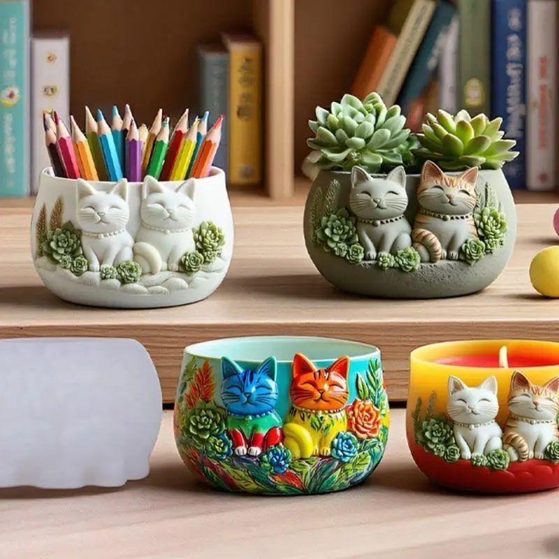 Multifuntional Silicone Handmade Mold Cats Pattern Flowerpot Molds Silicone Texture for Resin Jewelry Planters Projects 964A