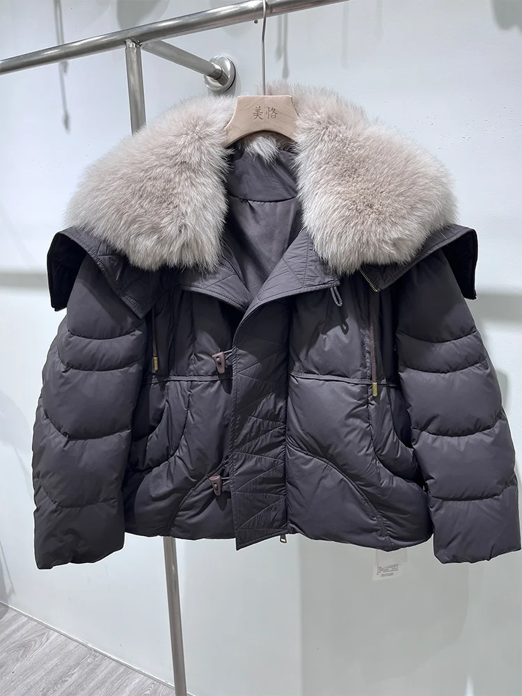 2025年 レディース 天然リアルフォックスファーカラーコート 冬用グースダウンジャケット カジュアル女性服