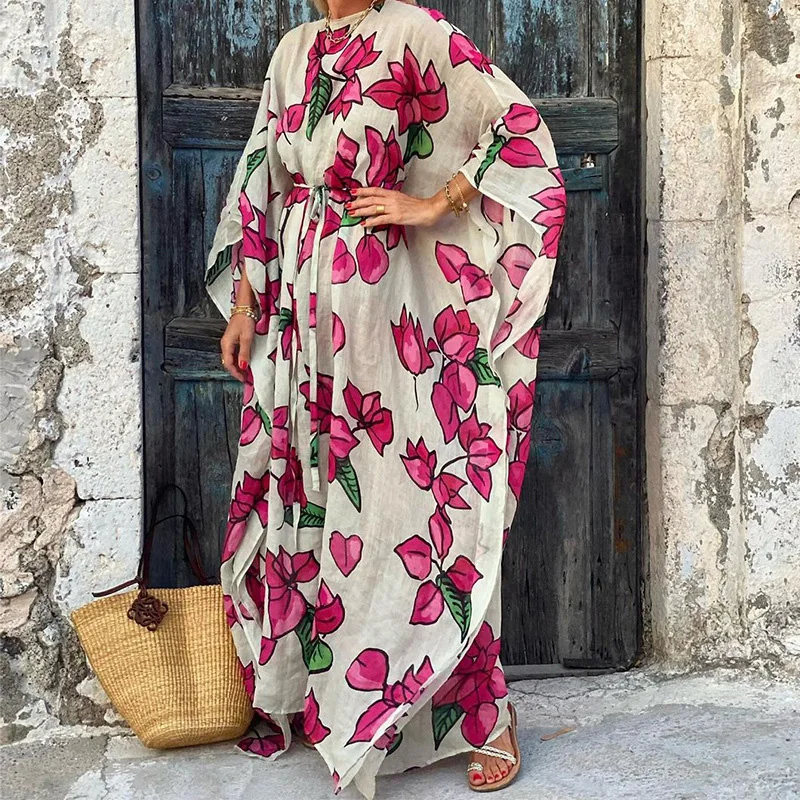 Vestido largo bohemio con cordones para mujer, prenda elegante y holgada con cuello redondo y estampado de flores, Estilo Vintage