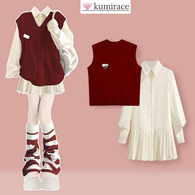 Set in stile occidentale autunnale per donna Gilet lavorato a maglia che riduce l'età in stile Hepburn abbinato a un bellissimo abito dimagrante Set da due pezzi