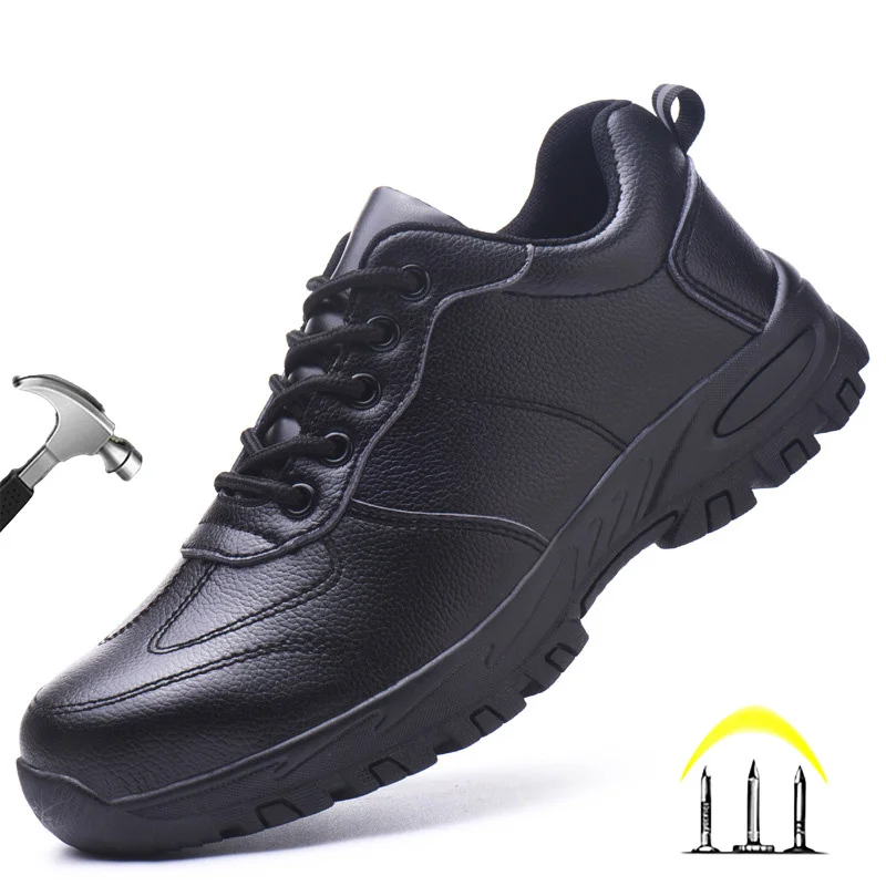 CHNMR New Water Proof Safety Shoes Men for Work Breathable Anti Smashing Sneaker For Men Blacke Leather Steel Toe Cap Sneakers