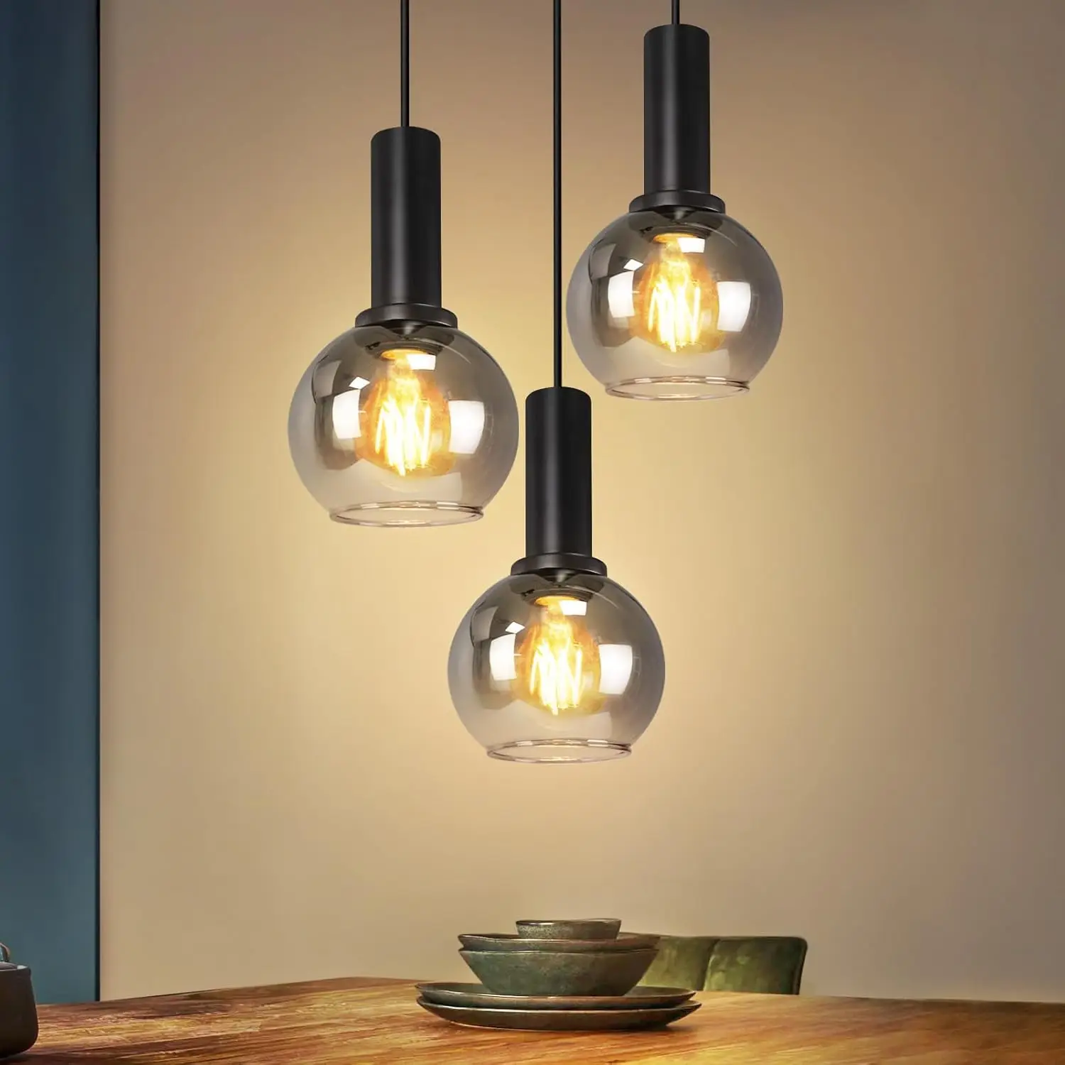 Lampe suspendue pour table à manger, luminaire suspendu en verre à 3 flammes, lampe suspendue vintage pour table à manger, lampe suspendue E27, lampe pour salle à manger, hauteur réglable pour salon, chambre à coucher (sans ampoules)