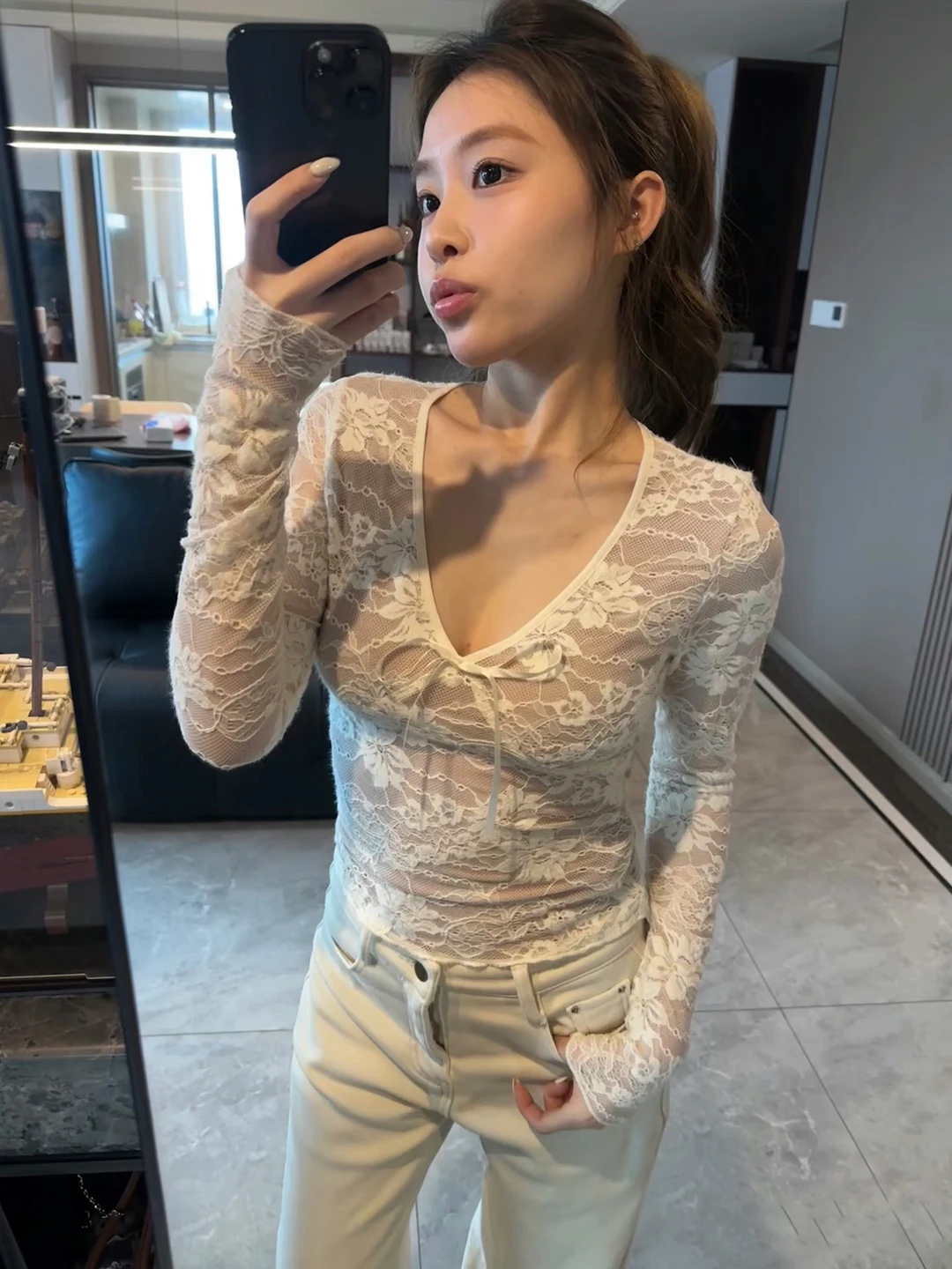 

Ele Lace up Me Top Women's Slim Fit Spring Design Elastici White Inner Wear Casual Sle Long Sve Floral Pattern