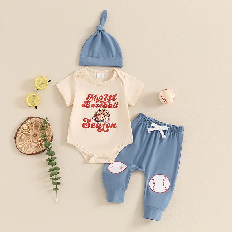 

2024-03-25 Lioraitiin Infant Baby Boys Outfit Letters Print Short Sleeve Romper with Baseball Pants Hat Clothes Set