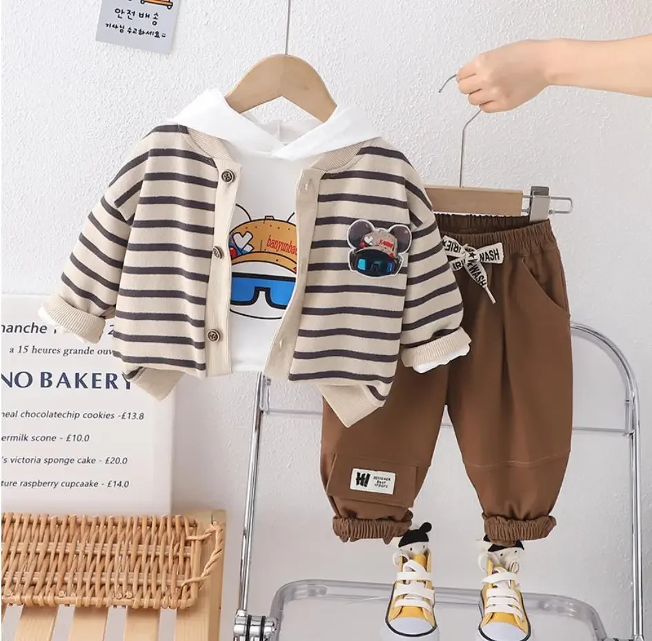 

Baby Autumn Boys Clothes 1 To 2 Years Toddler Sets Cartoon Stripes Cardigan Coat+Hooded T-shirts+Pants 3Pcs Kids Jogging Suit