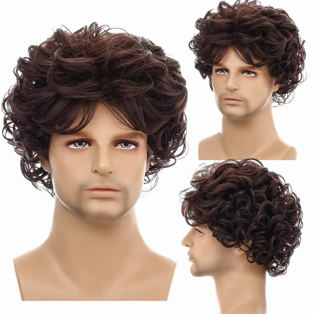 Synthetic Men's Short Brown And Black Wigs Natural Curly Wave Hair Pixie Cut For Male Young Men Daily Use Or Party Cosplay Wigs