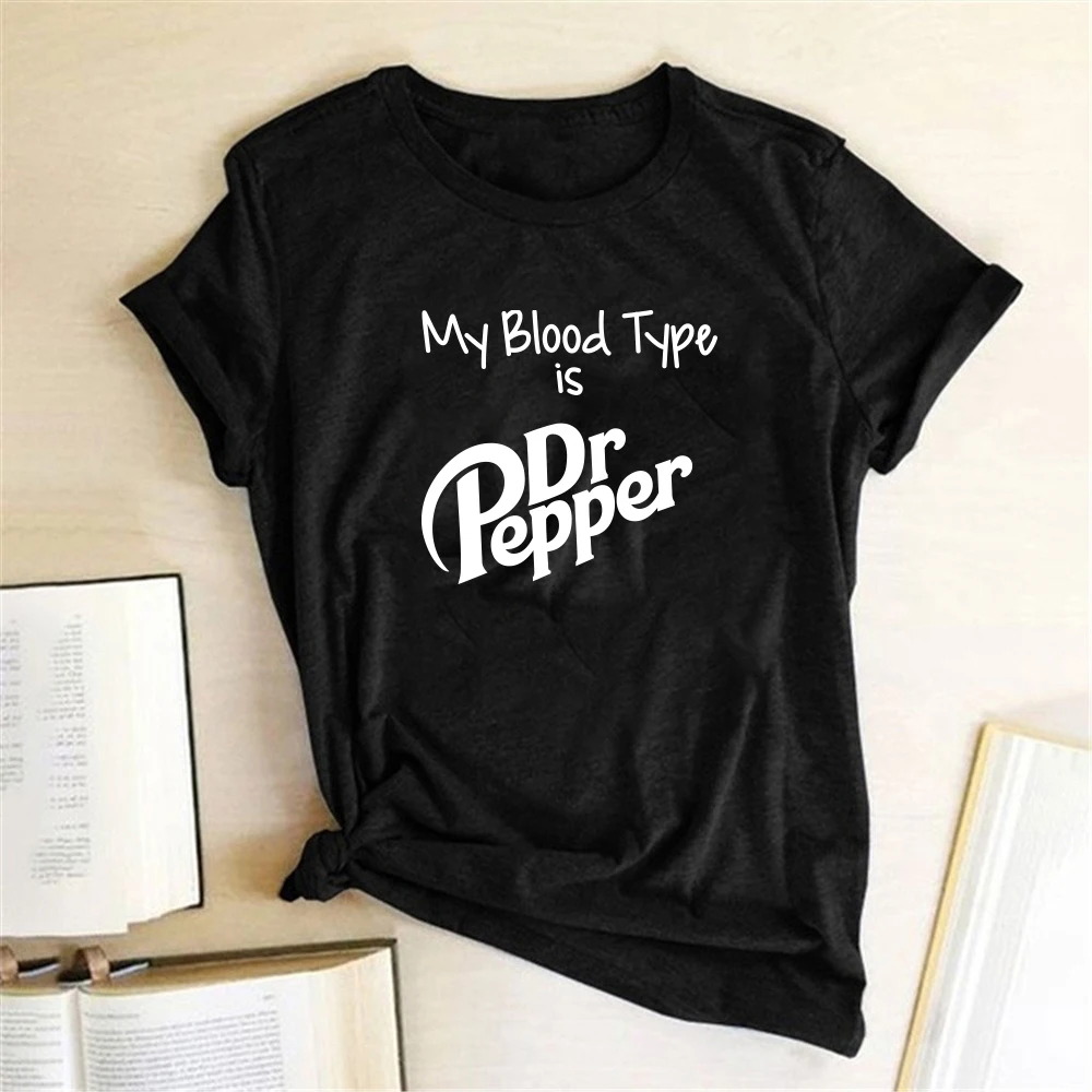 Seeyoushy My Blood Type Is Dr Pepper Print T-shirt Women Short Sleeve Summer Funny Woman T-shirt Graphic Femme Aesthetic Tops