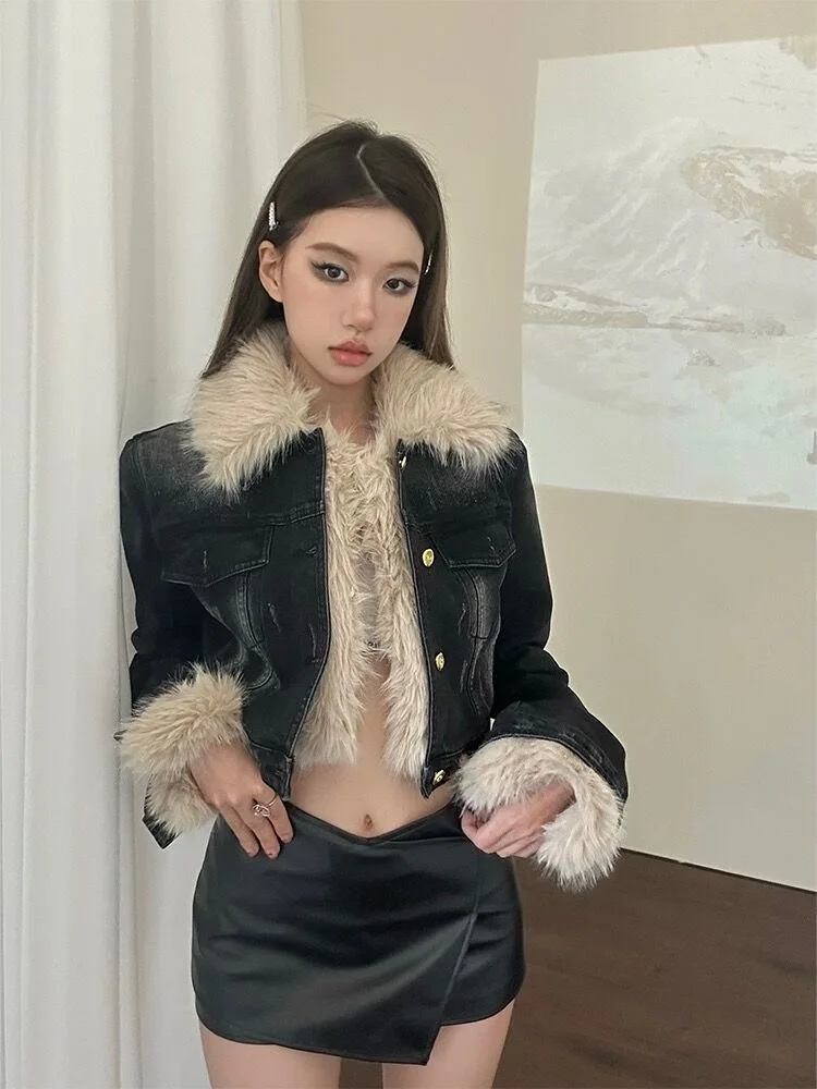 سترة نسائية صغيرة من قماش الدنيم باللون الأسود من صوف الضأن مرقعة سميكة ودافئة مبطنة بالقطن معطف مقصوص ملابس خروج عصرية للخريف #5