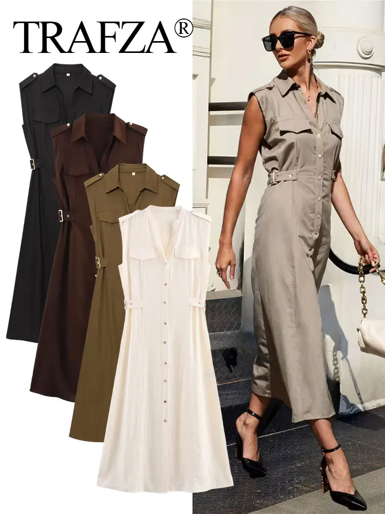 

TRAFZA Women's Summer Vintage Cozy Linen Midi Dress Solid Lapel Single-breasted Waist With Side Loops Fake Pockets Trendy Dress