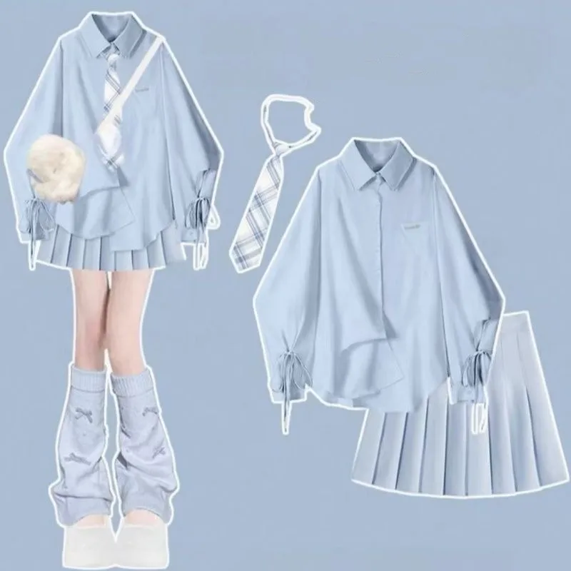 Printemps été femmes Style Preppy chemises à bandes cravate Mini jupes ensemble coréen dame filles Blouse jupe costumes nouveaux hauts solides tenues
