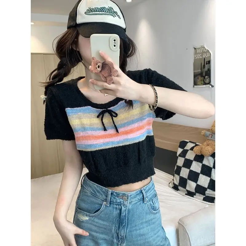 Women Summer Korean Sweet Slim Temperament Striped Lacing O-neck Short Sleeve T-Shirt Ladies Casual All-match Appear Thin Tops