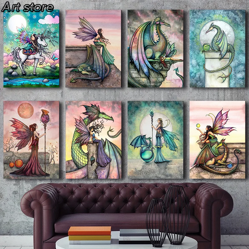 Mythical Creatures Poster Sweet Fairy Elf Princess Dragon Unicorn Wall Art Canvas Painting Home Girl Room Decor Picture Unframed