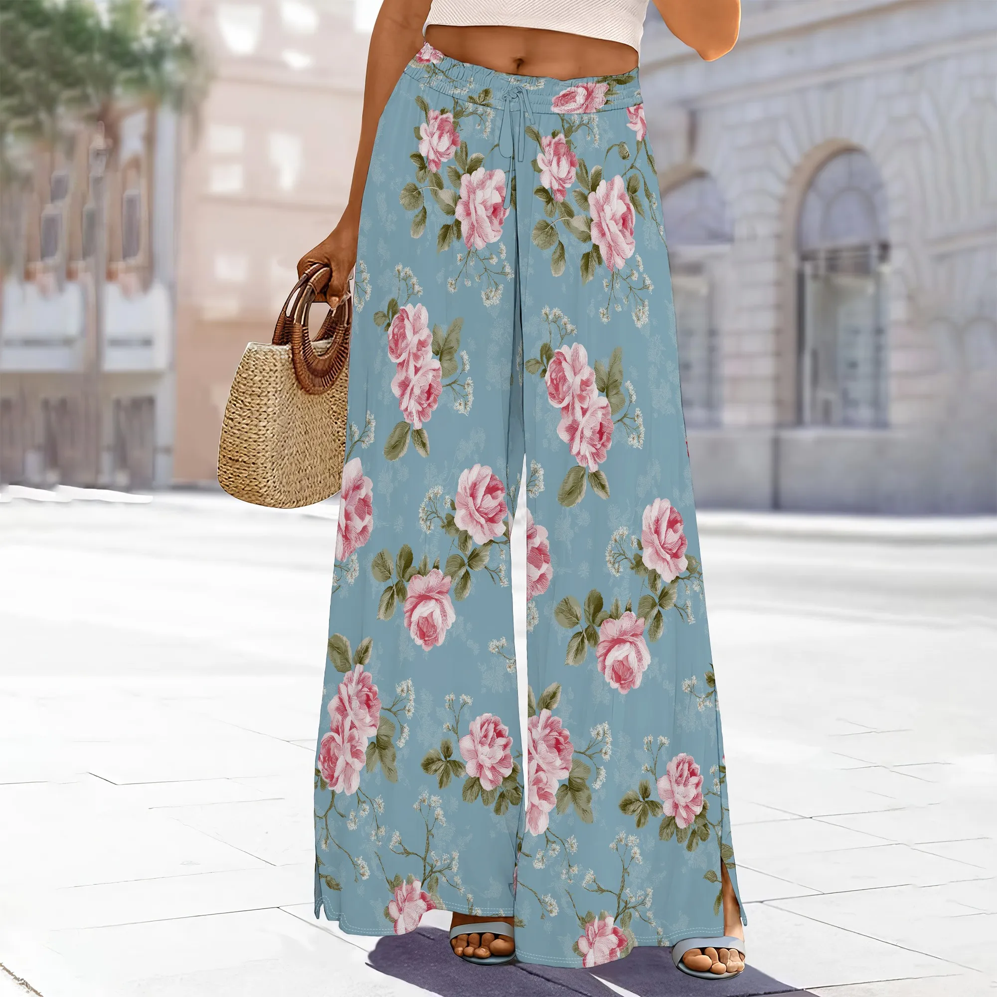 

Women's High-Waisted Floral Wide-Leg Pants Adjustable Elastic Waist Pockets Back Slit Polyester Beach Relaxed