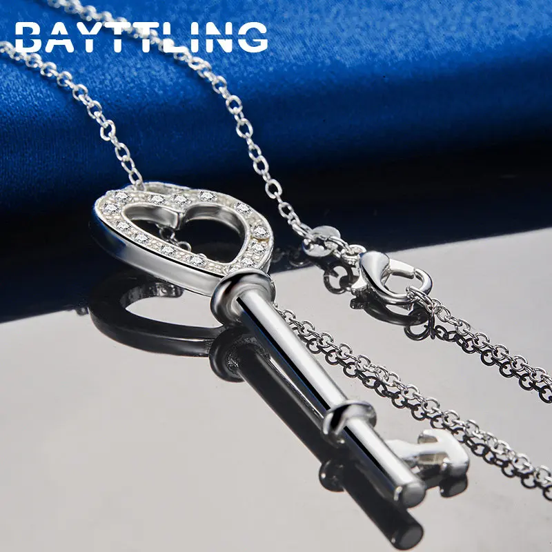 New Fine 925 Sterling Silver 16-30 Inches Heart Key Zircon Necklace For Women Men Fashion Charm Wedding Gift Accessories Jewelry