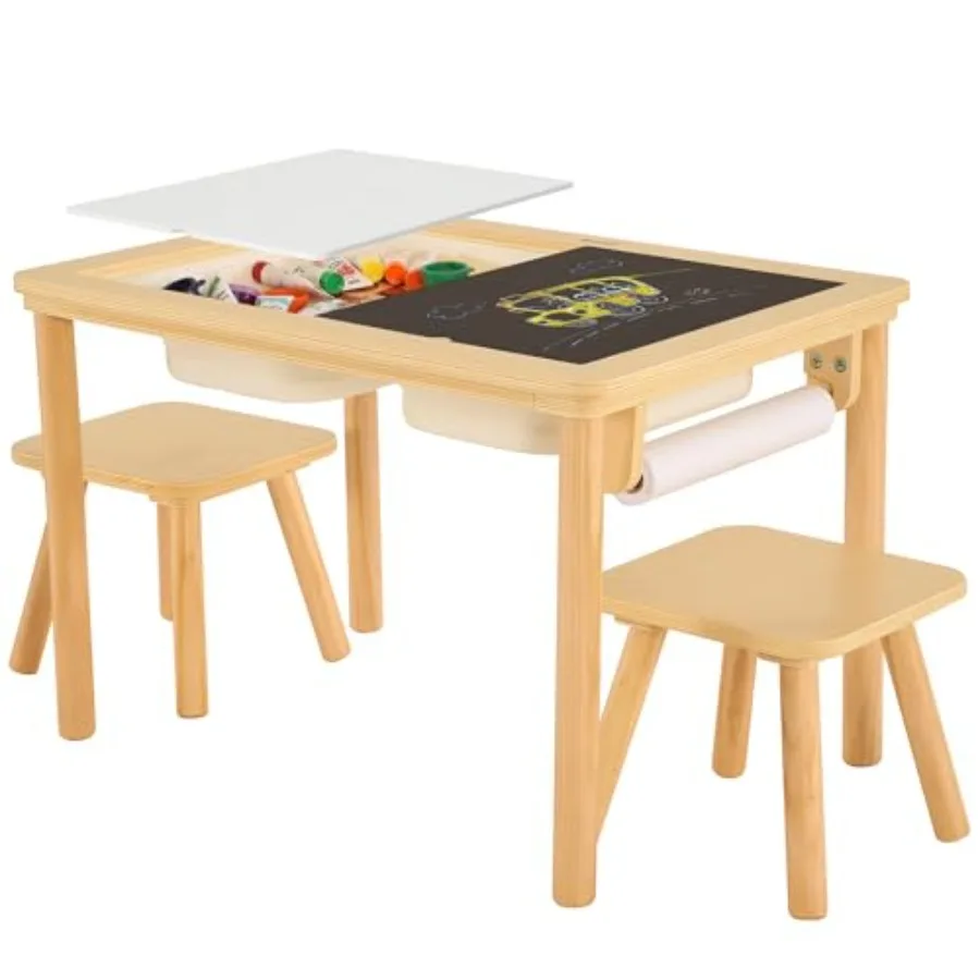 Sensory Table for Toddlers 13 with 2 Chairs and Roll Paper Wooden Kid Activity Table Chair Set with DoubleSided Boards and 2 St